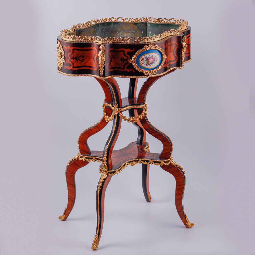 Antique Boulle plant stand showcases masterful hand carving and intricate marquetry inlay