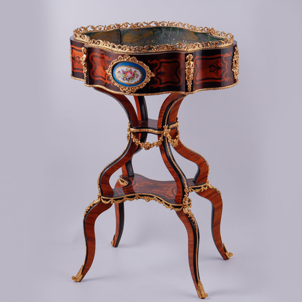 Antique Boulle plant stand showcases masterful hand carving and intricate marquetry inlay