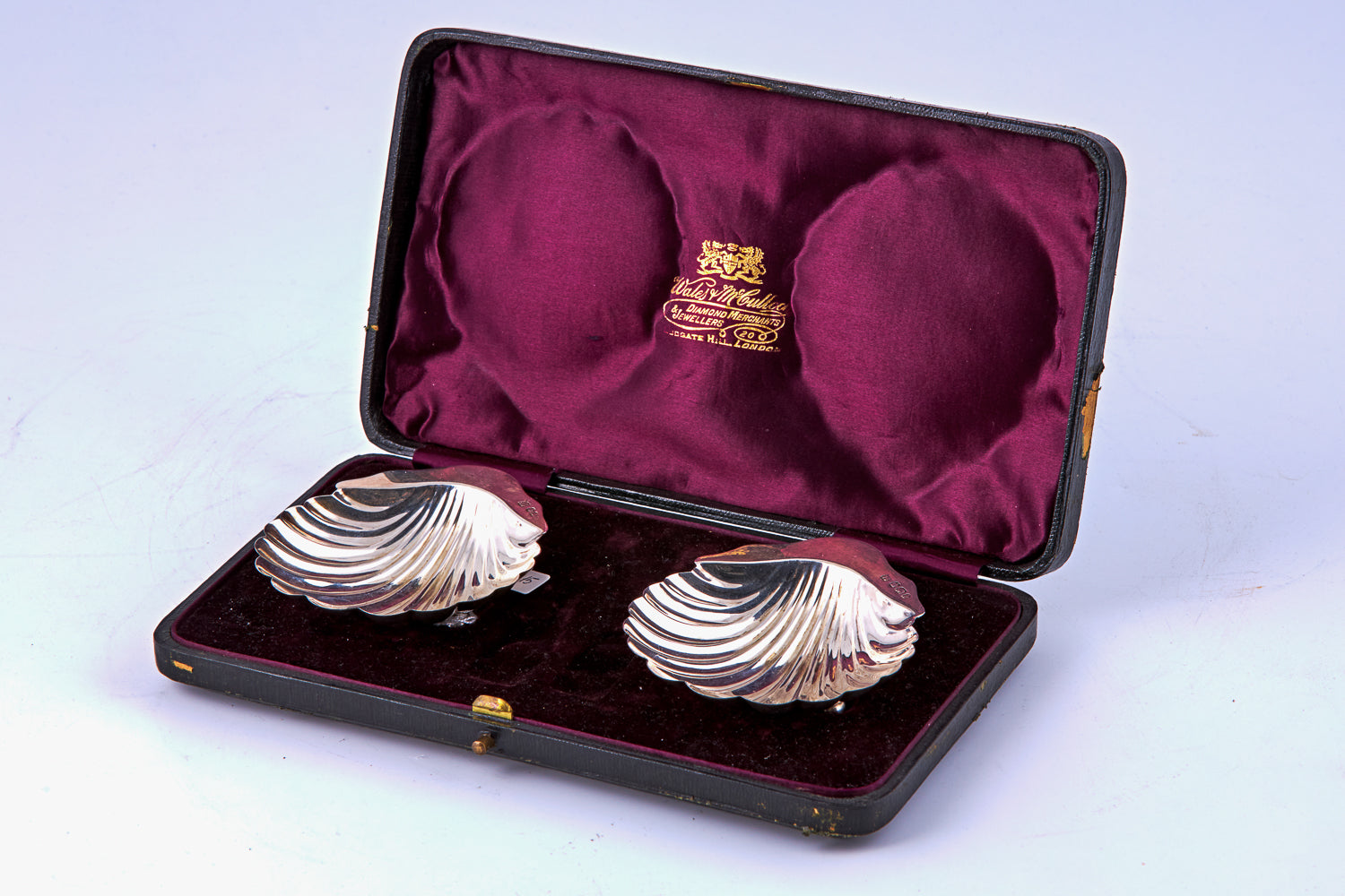 Par de bandejas de caviar plateadas antiguas en caja original de Wales & Mcculloch