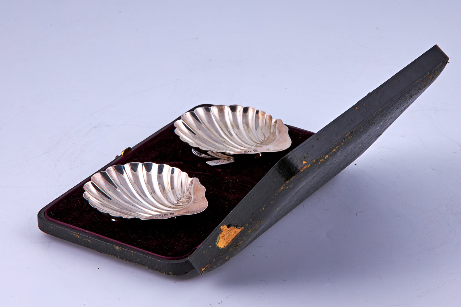 Par de bandejas de caviar plateadas antiguas en caja original de Wales & Mcculloch