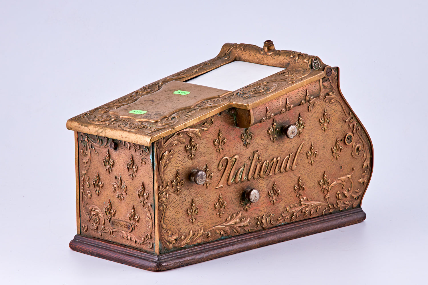 antique portable brass cash register, signed “The National Cash Register Payton O. U.S.A.” by “National”