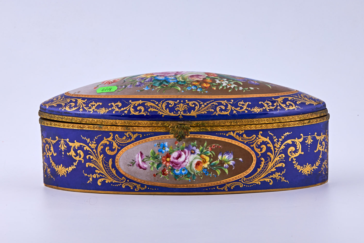 Large vintage cobalt blue porcelain trinket adorned with finely detailed ormolu mounts showcases the artistry of Camille Le Tallec