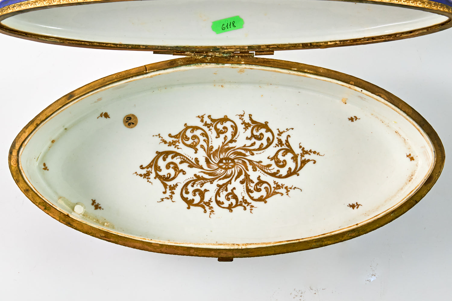 Large vintage cobalt blue porcelain trinket adorned with finely detailed ormolu mounts showcases the artistry of Camille Le Tallec