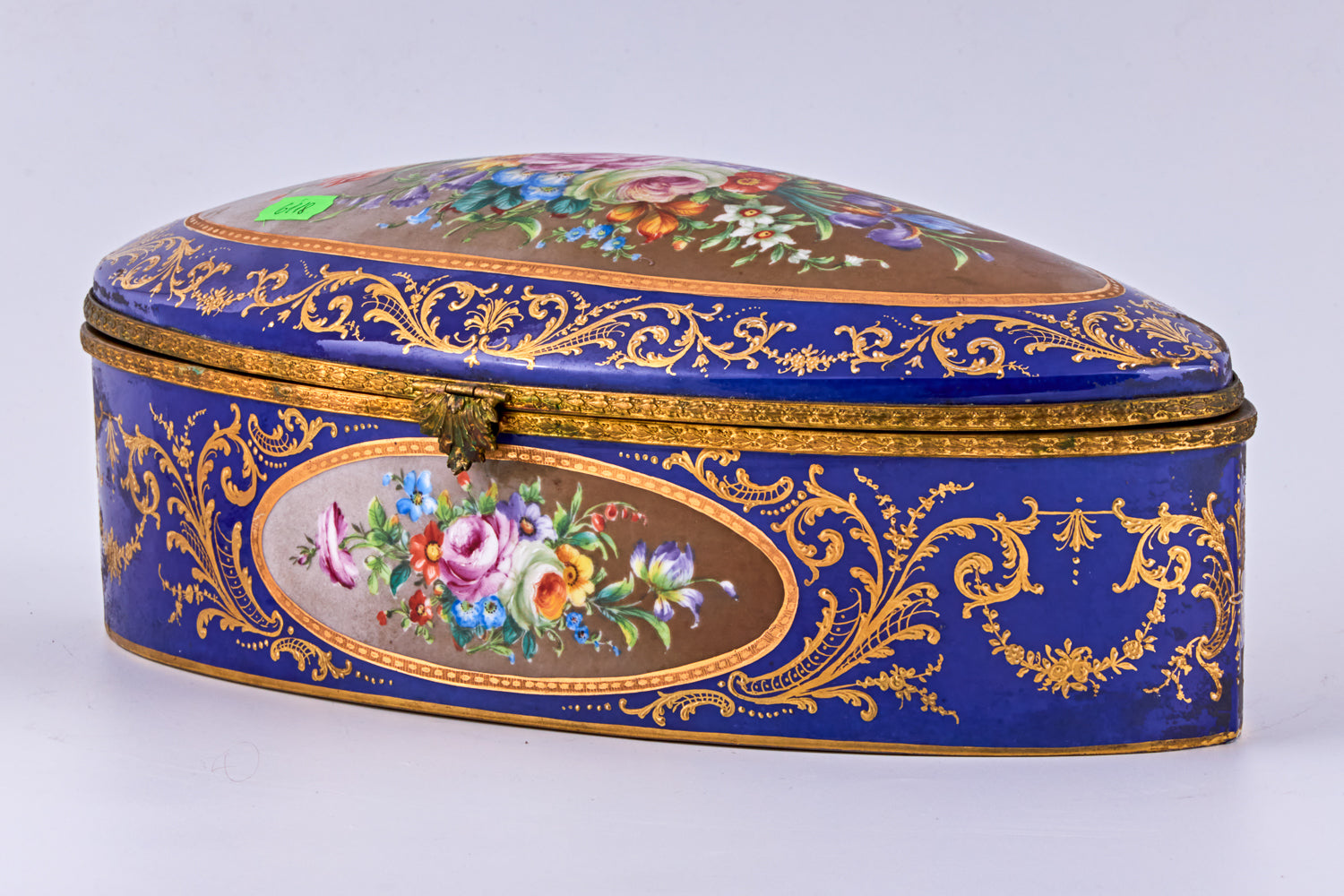 Large vintage cobalt blue porcelain trinket adorned with finely detailed ormolu mounts showcases the artistry of Camille Le Tallec