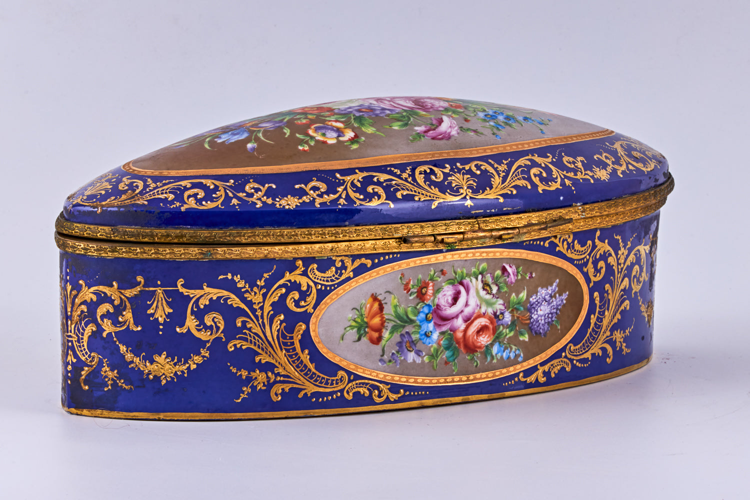 Large vintage cobalt blue porcelain trinket adorned with finely detailed ormolu mounts showcases the artistry of Camille Le Tallec