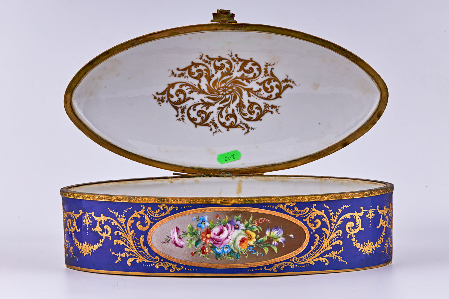 Large vintage cobalt blue porcelain trinket adorned with finely detailed ormolu mounts showcases the artistry of Camille Le Tallec