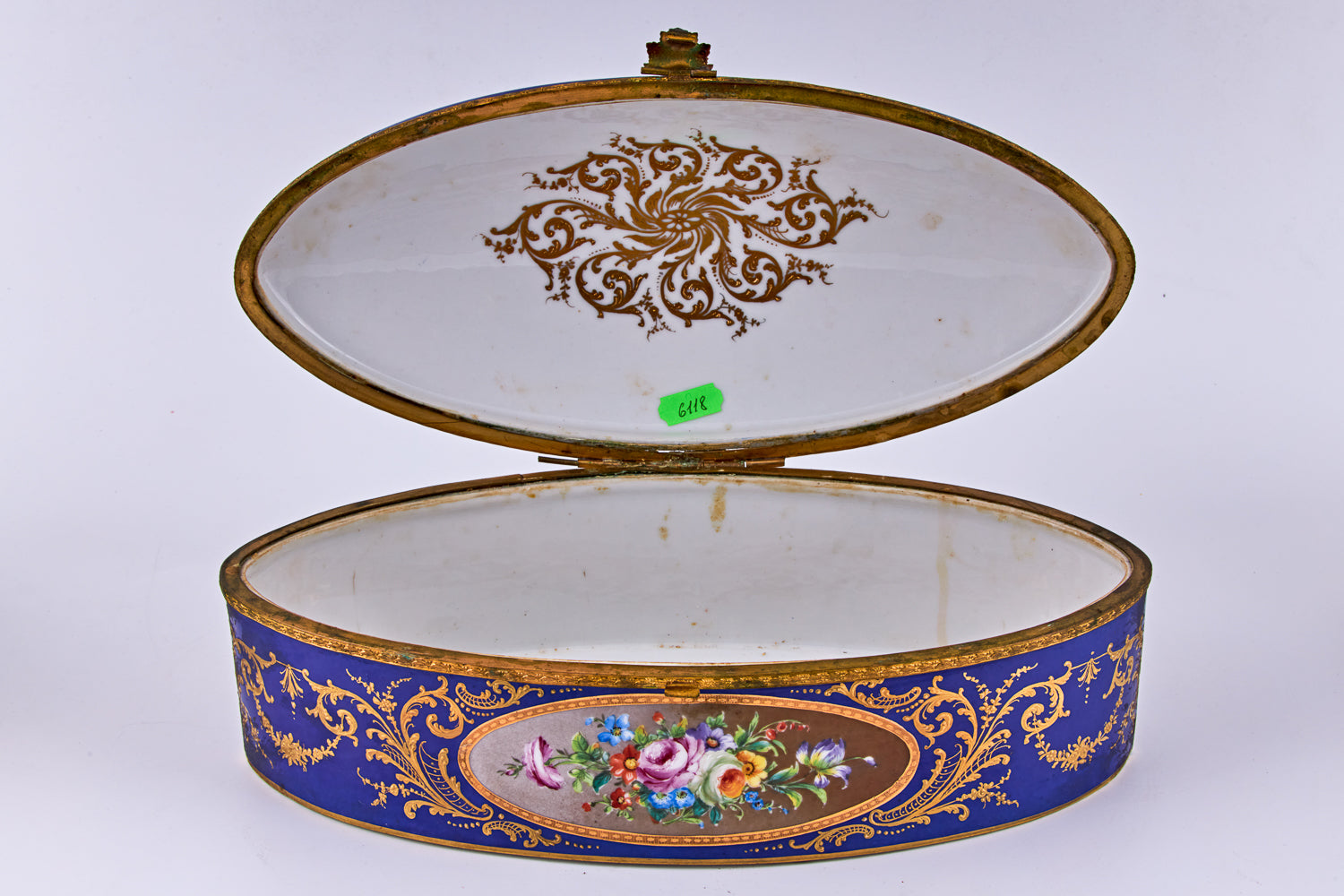 Large vintage cobalt blue porcelain trinket adorned with finely detailed ormolu mounts showcases the artistry of Camille Le Tallec