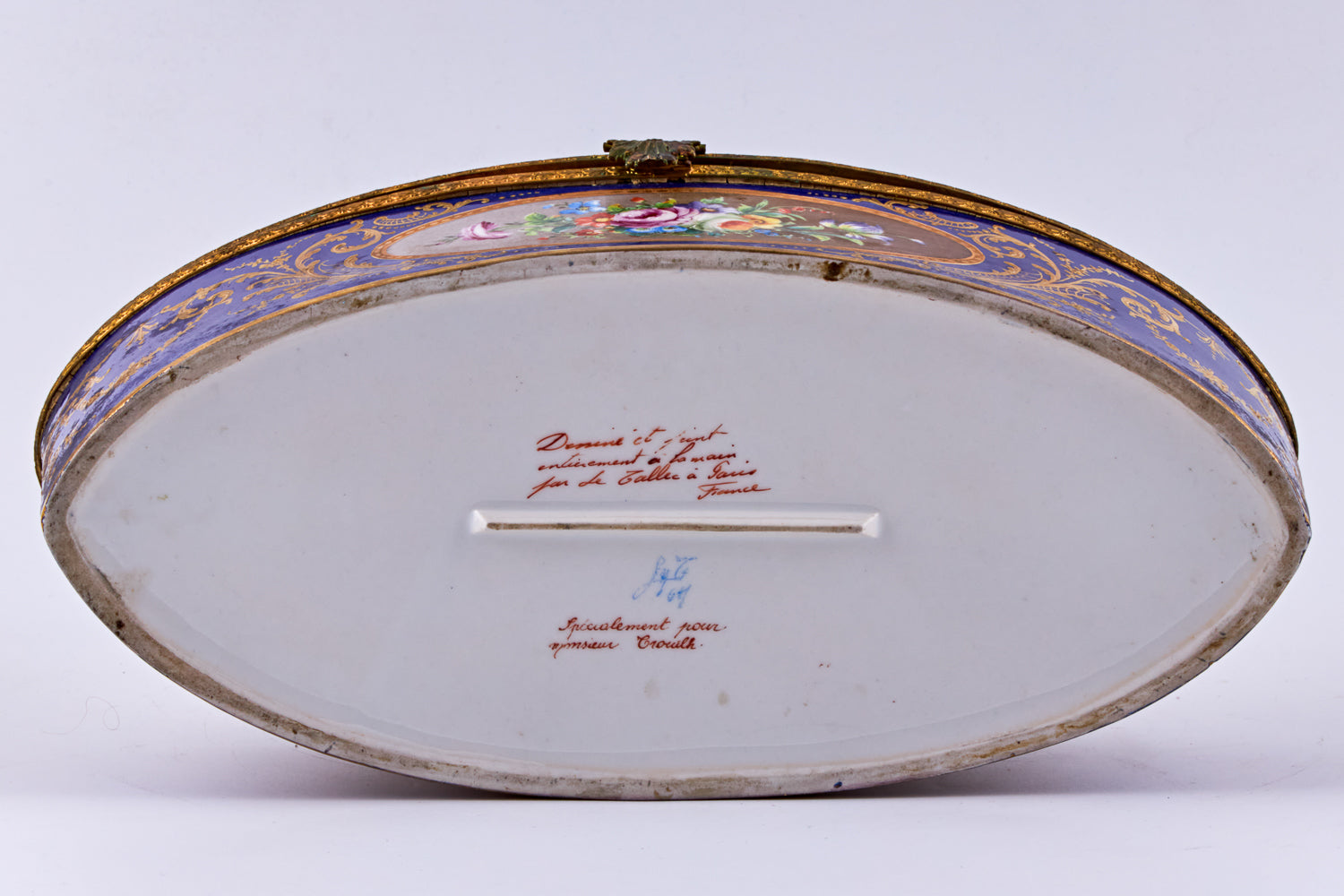 Large vintage cobalt blue porcelain trinket adorned with finely detailed ormolu mounts showcases the artistry of Camille Le Tallec