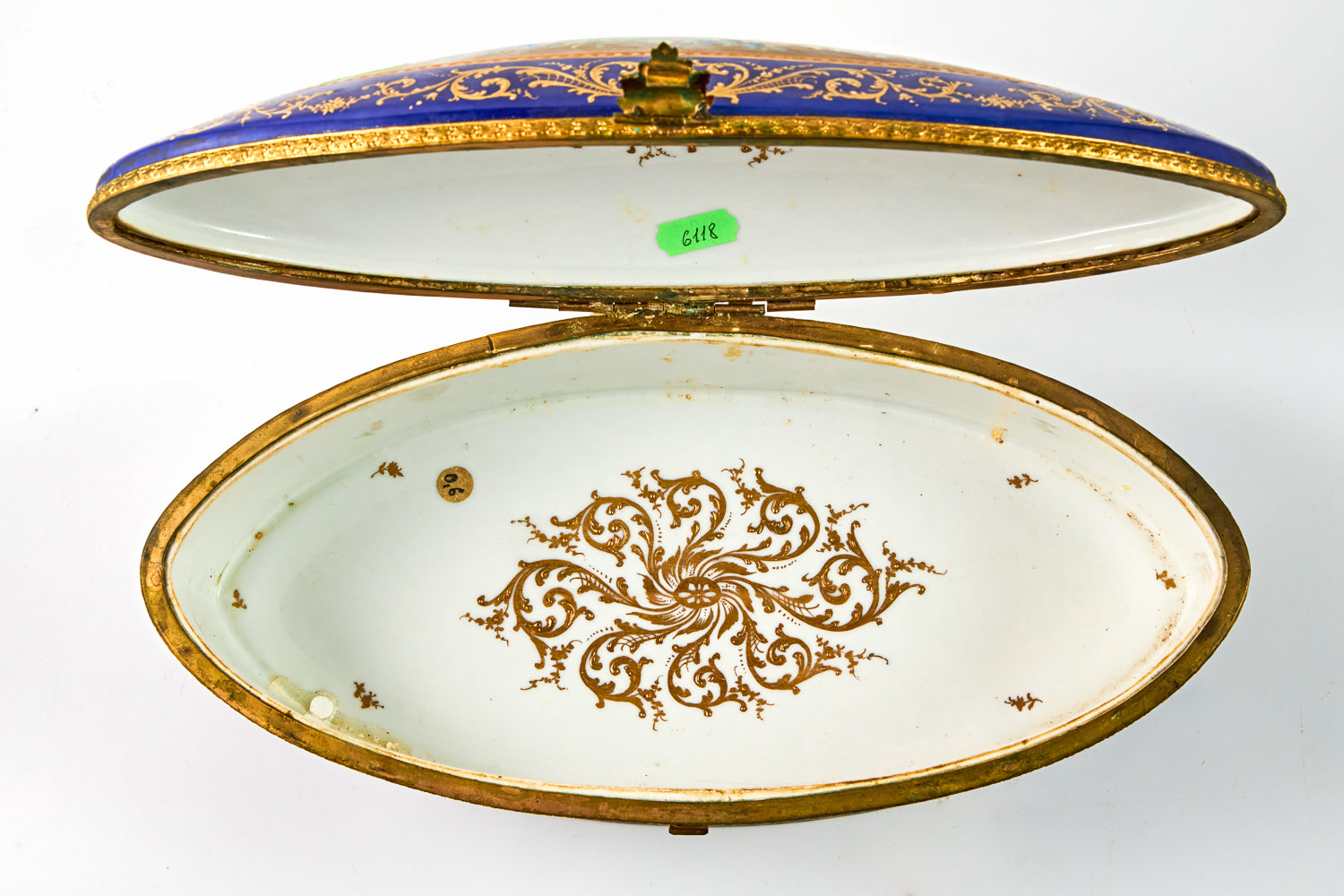 Large vintage cobalt blue porcelain trinket adorned with finely detailed ormolu mounts showcases the artistry of Camille Le Tallec