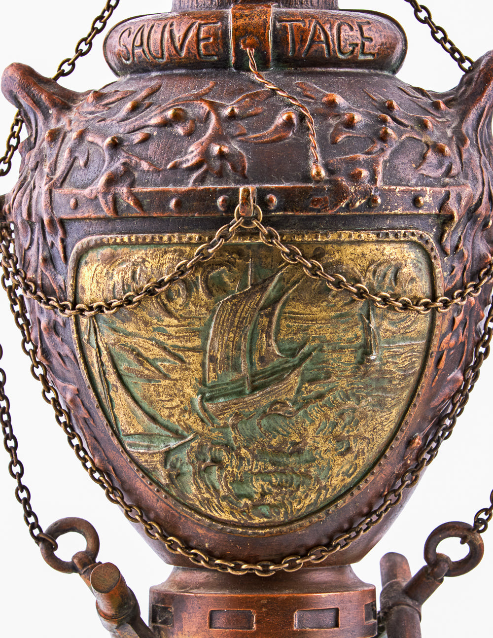 Antique distinguished spelter set captures a captivating maritime scene featuring a lighthouse and a fisherman