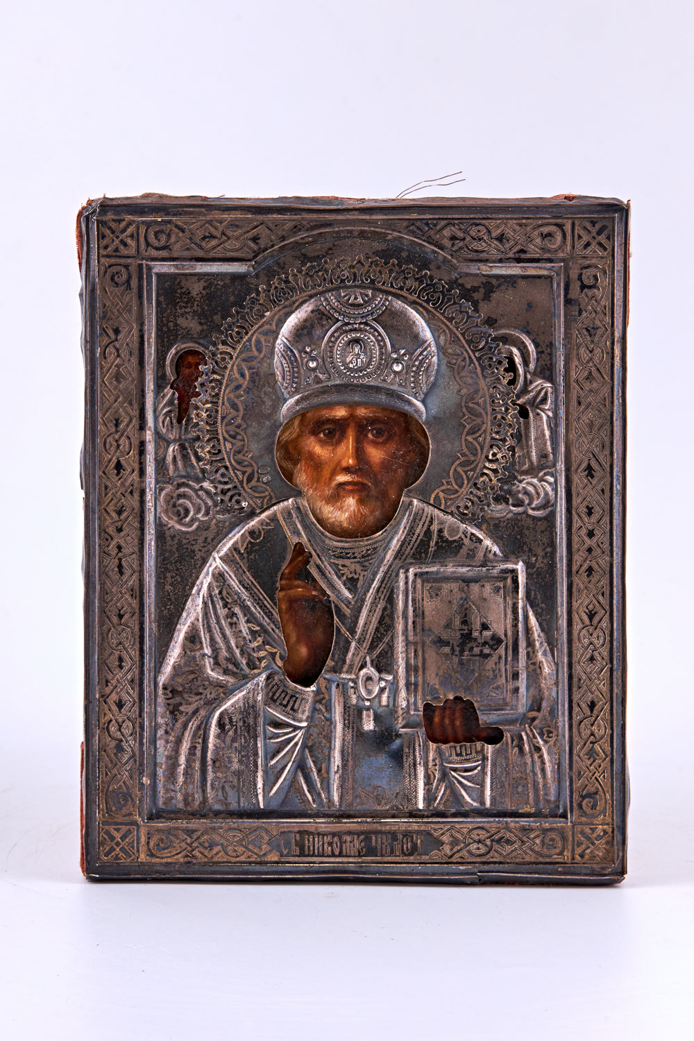 Antique hand-painted tempera icon on birch wood portrays Nicholas the Wonderworker