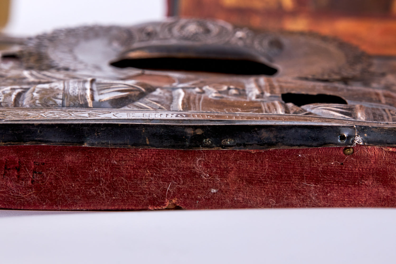 Antique hand-painted tempera icon on birch wood portrays Nicholas the Wonderworker