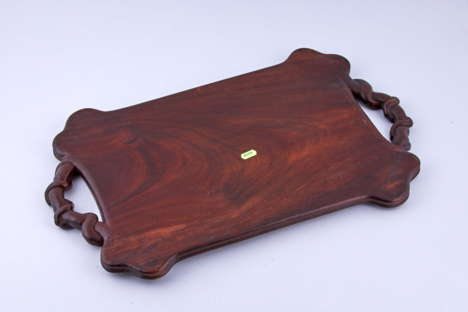 Antique Art Nouveau mahogany platter features a leaf and grape design