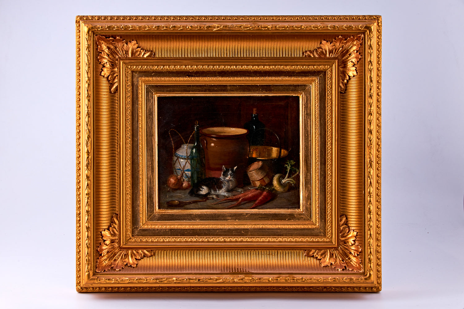 Antique oil painting on canvas, titled “Still life with a cat,” by artist A. Hill