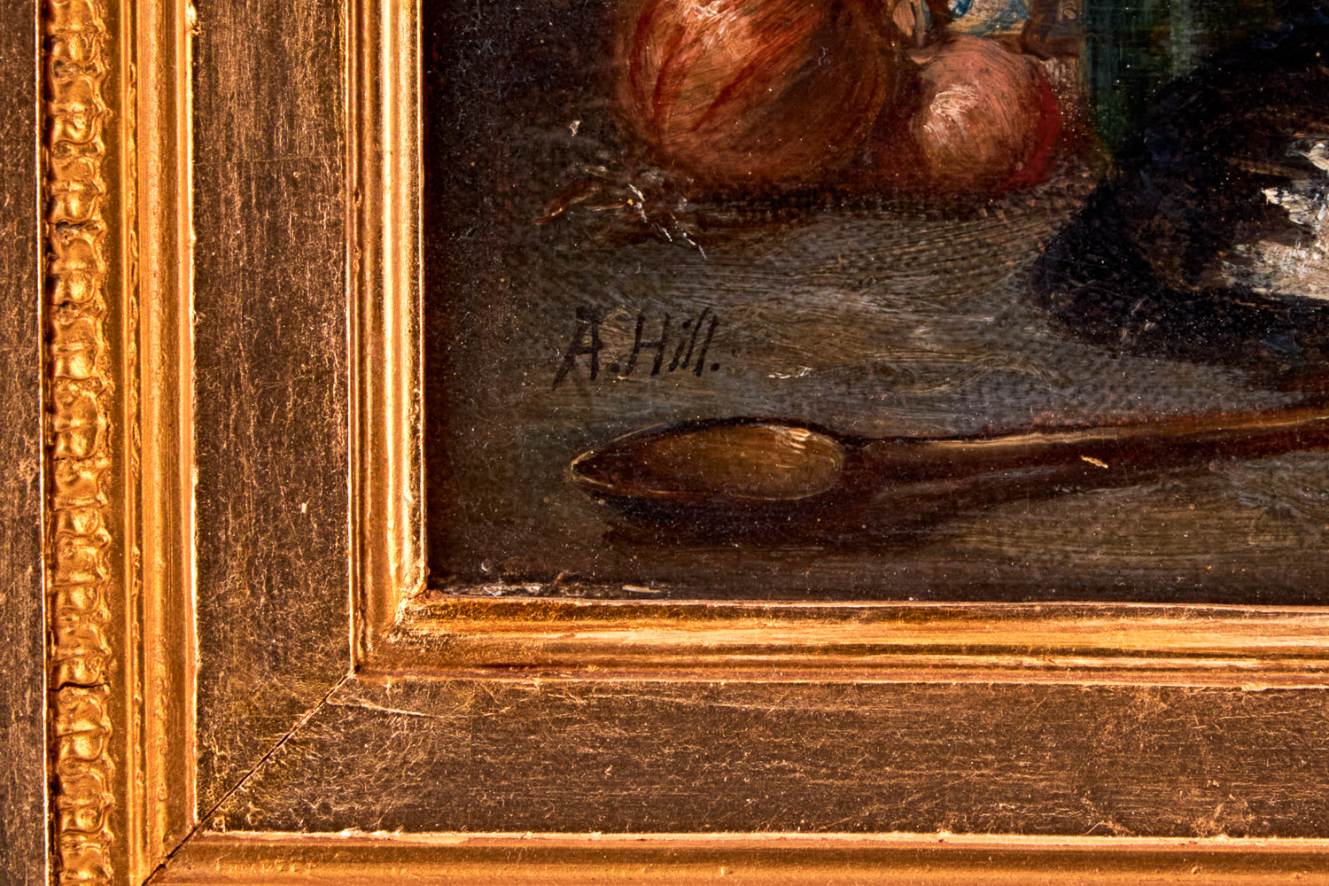 Antique oil painting on canvas, titled “Still life with a cat,” by artist A. Hill