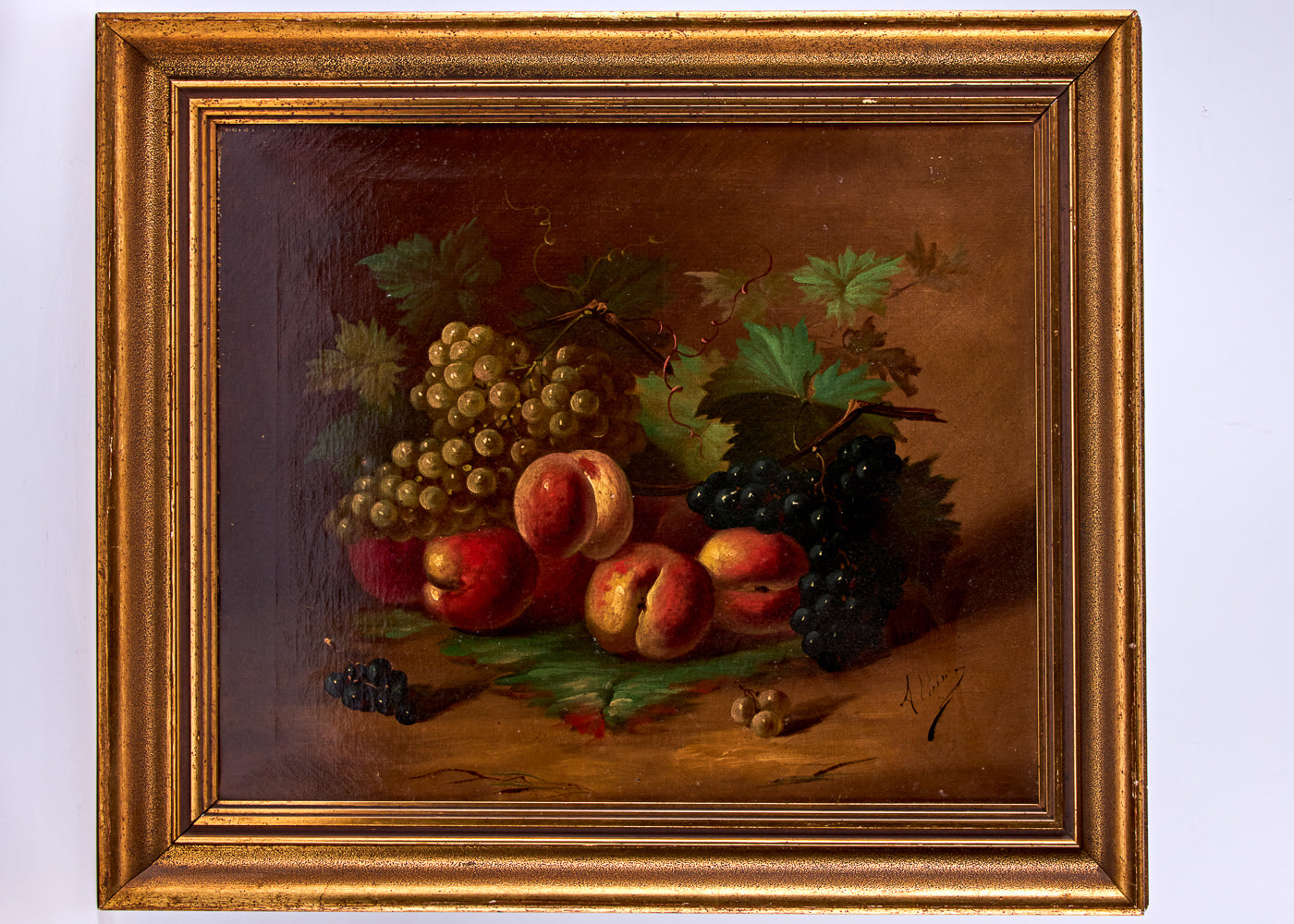Antique oil painting on canvas titled "Still life with peaches and grapes" in an elegant gold-plated frame