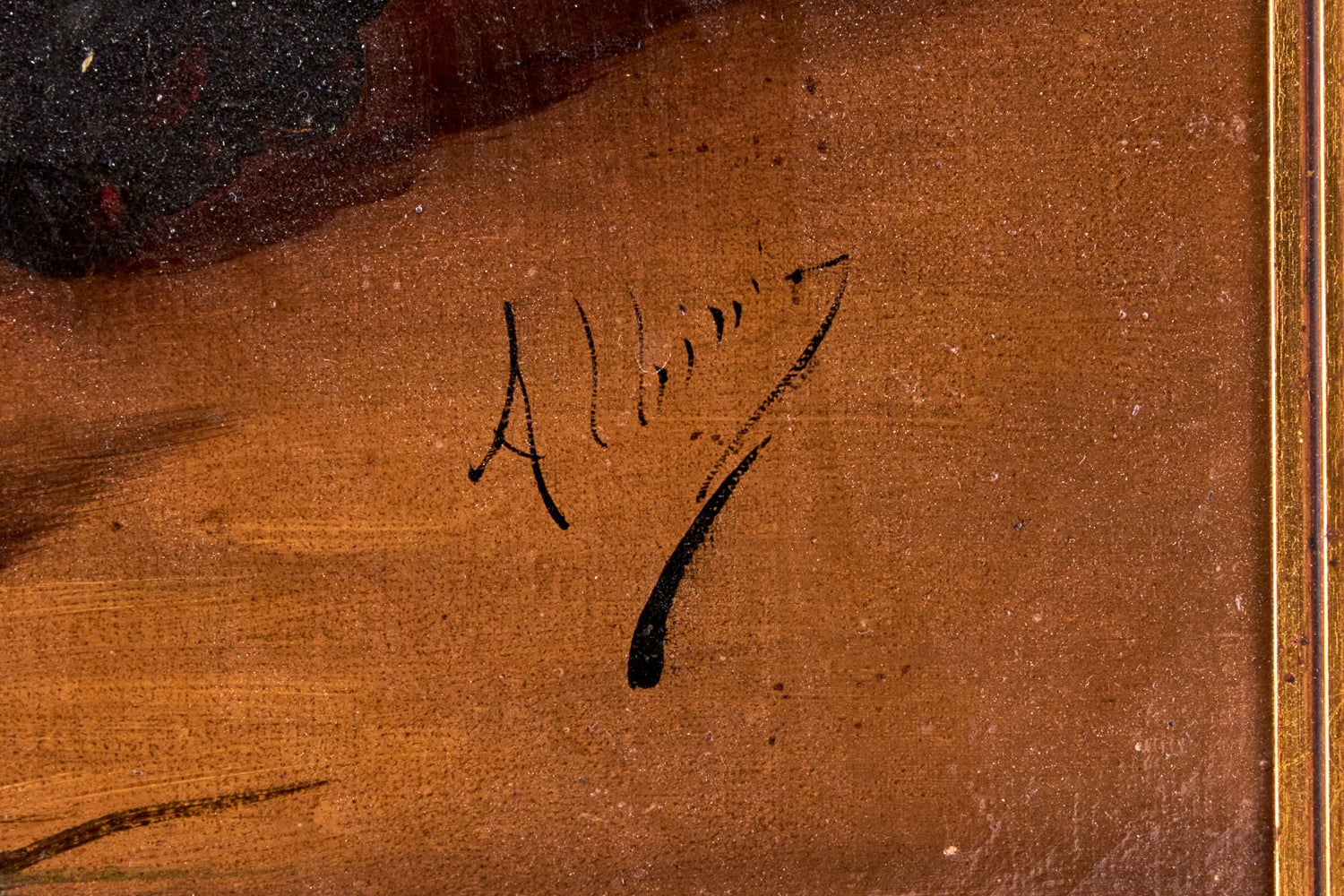 Antique oil painting on canvas titled "Still life with peaches and grapes" in an elegant gold-plated frame