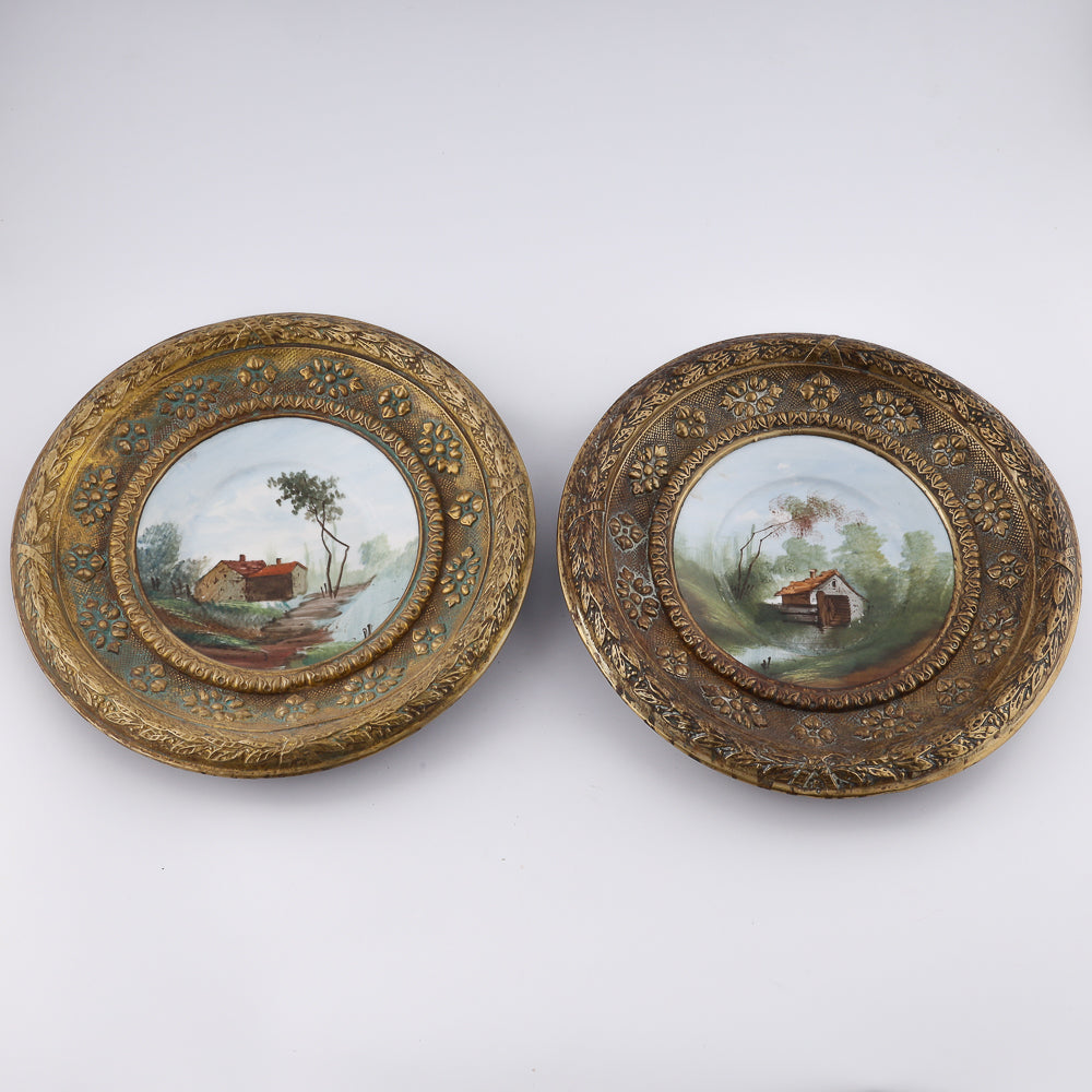 Pair of French 19th century wall décor plates showcasing brass craftsmanship and hand-painted fajans