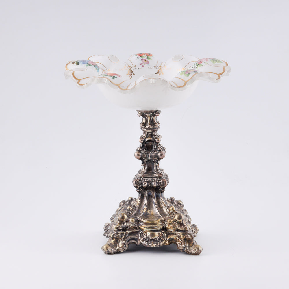 A 19th-century European milk glass fruit vase on a neo-Baroque design silver shank