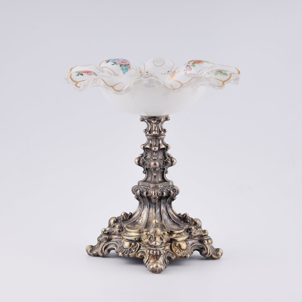 A 19th-century European milk glass fruit vase on a neo-Baroque design silver shank