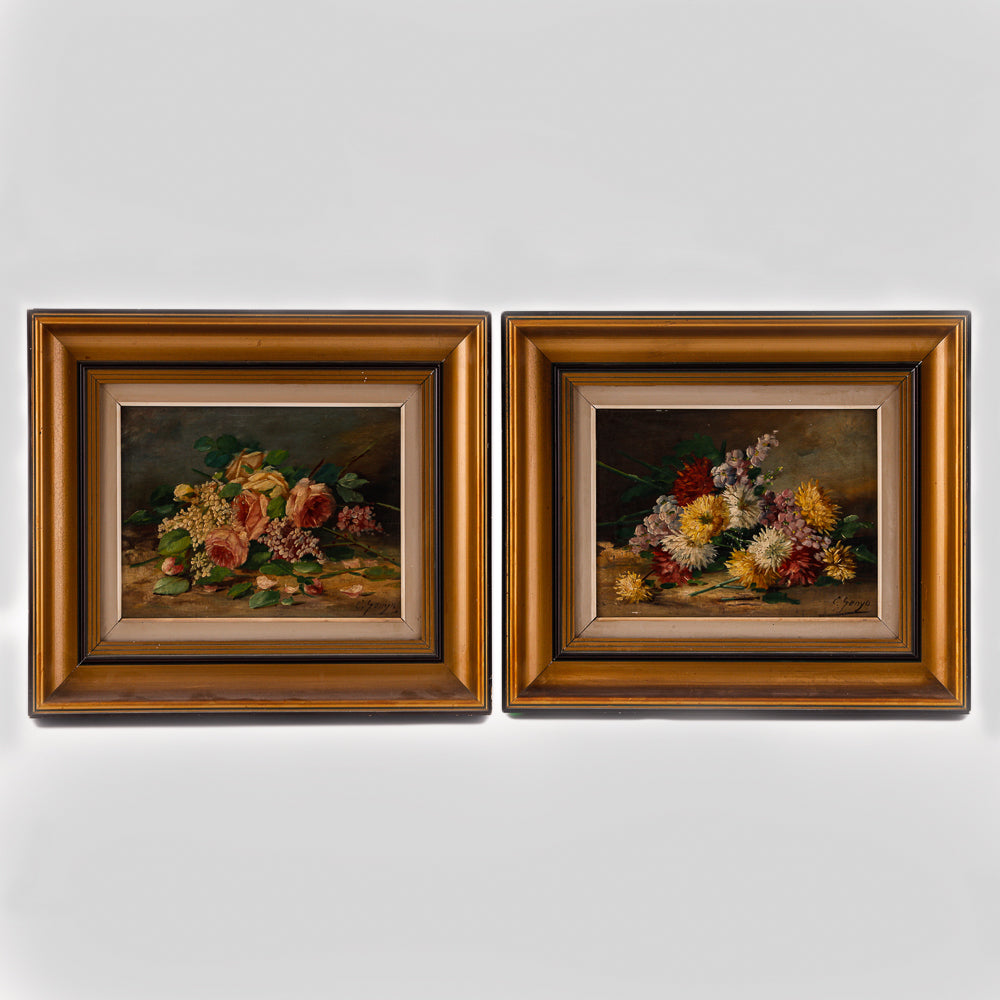 A pair of horizontal-format paintings showcases a still life of asters and peonies