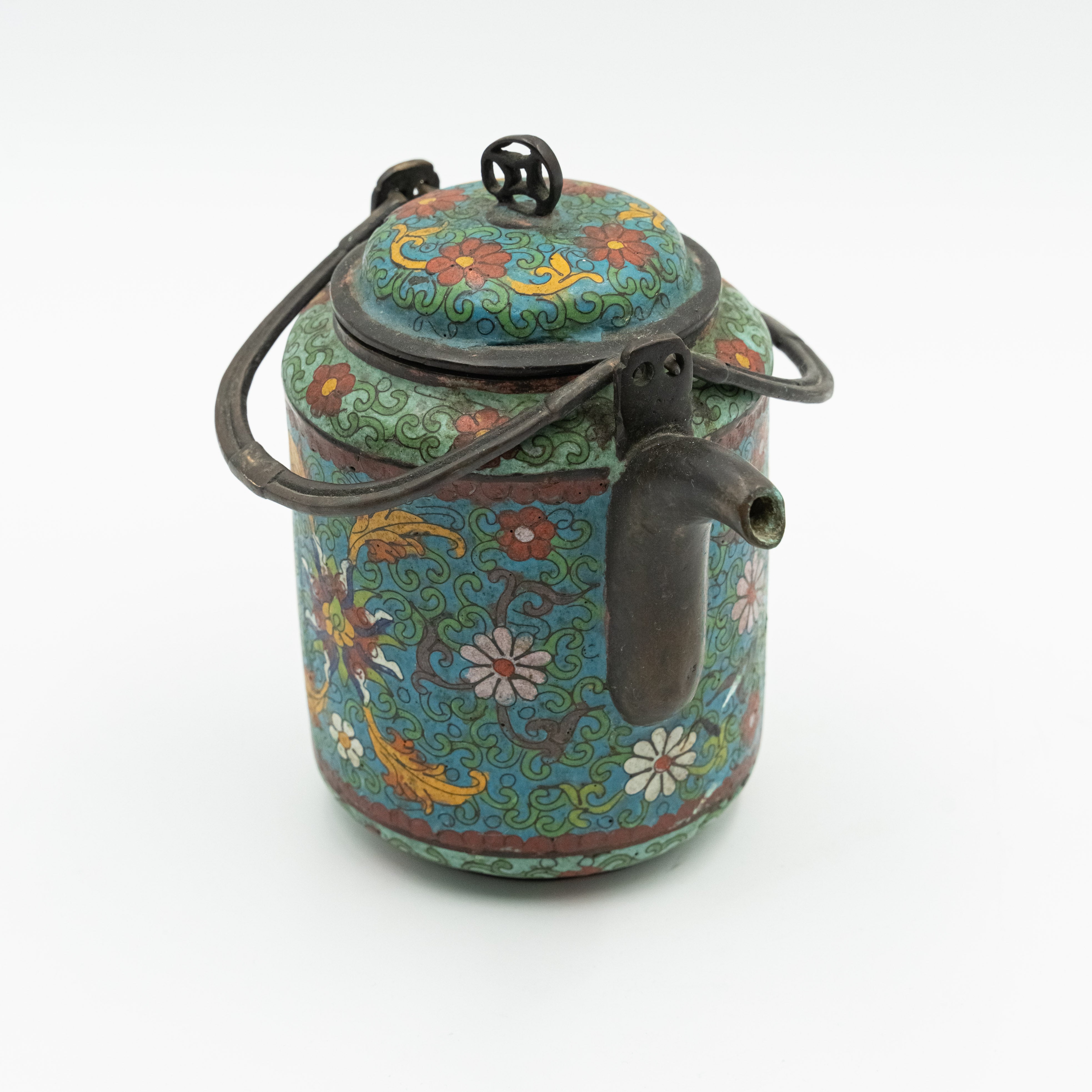 Antique Chinese ceremonial bronze and cloisonné enamel tea pot