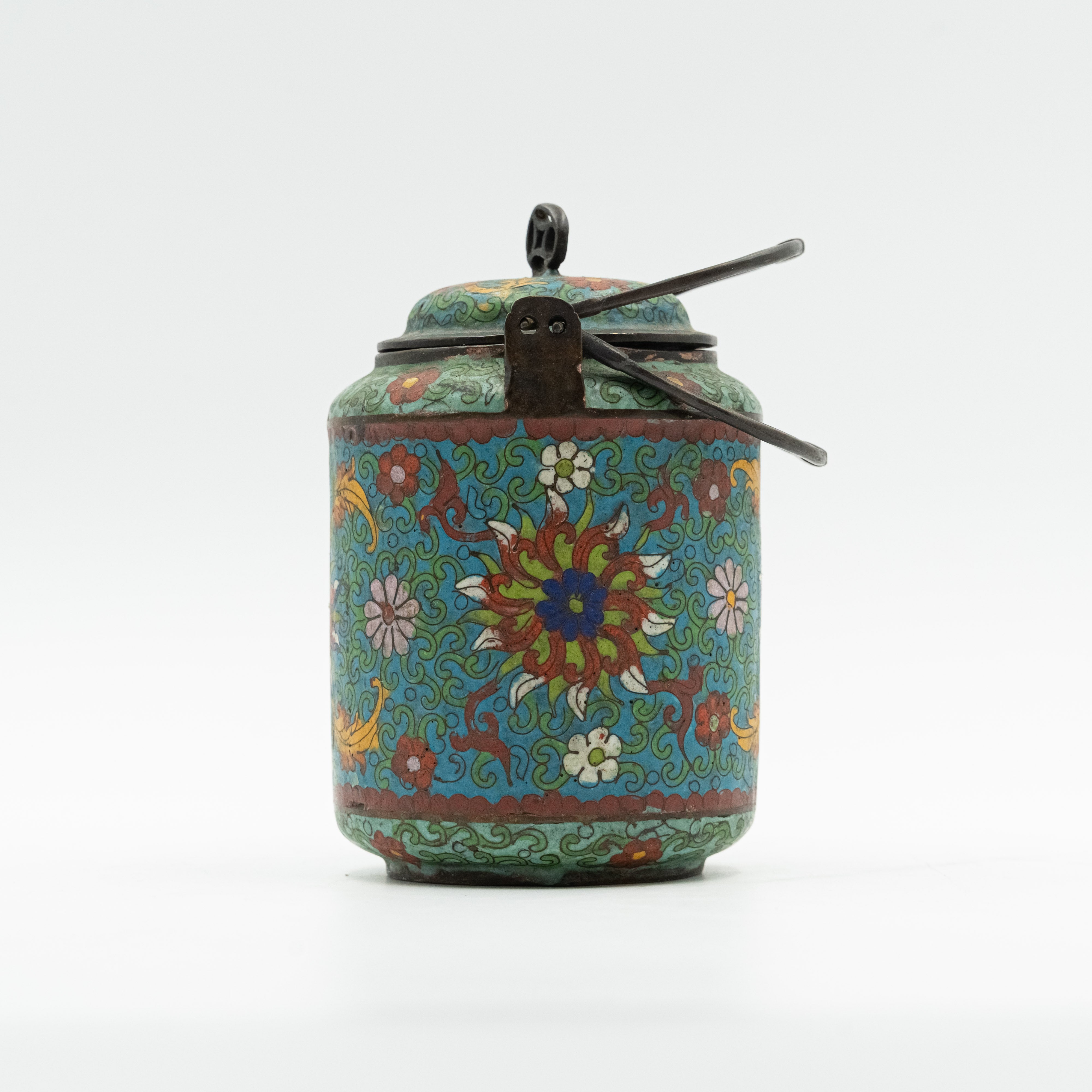 Antique Chinese ceremonial bronze and cloisonné enamel tea pot