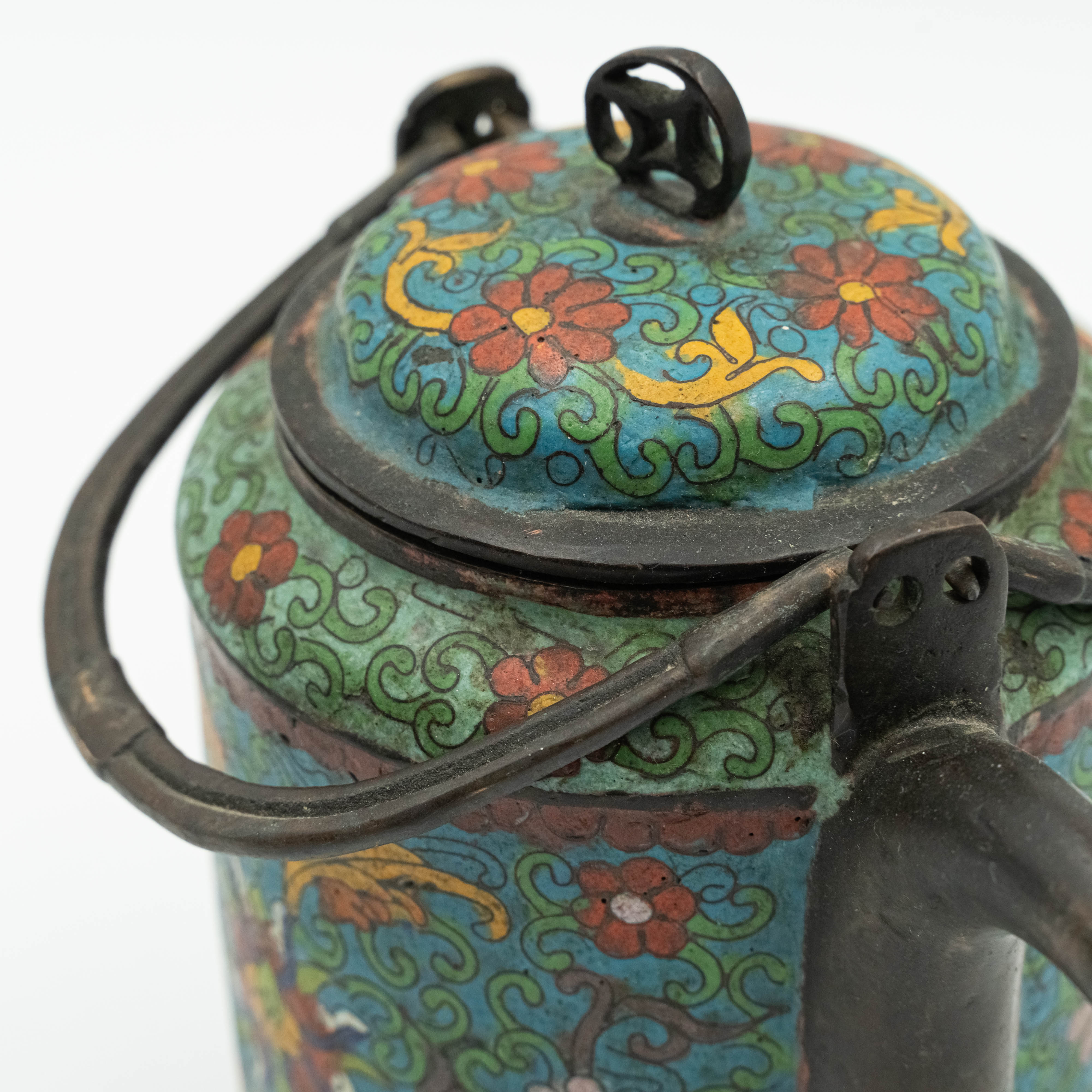 Antique Chinese ceremonial bronze and cloisonné enamel tea pot