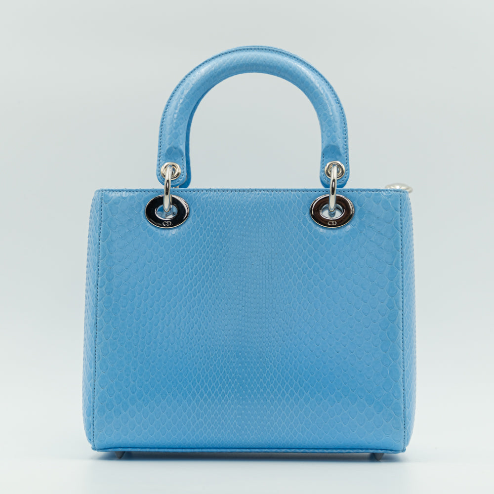 Bolso Tote Lady Dior Edición Especial Tamaño Mediano Piel Pitón Azul Glaciar