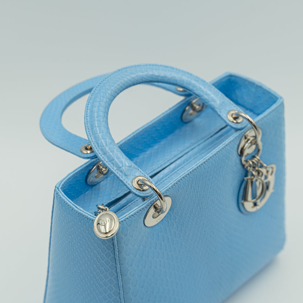 Bolso Tote Lady Dior Edición Especial Tamaño Mediano Piel Pitón Azul Glaciar