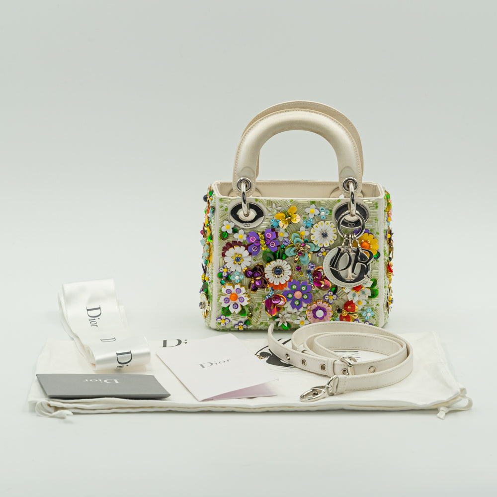 Lady Dior White & Multicolour Flower Embellished Mini Handbag