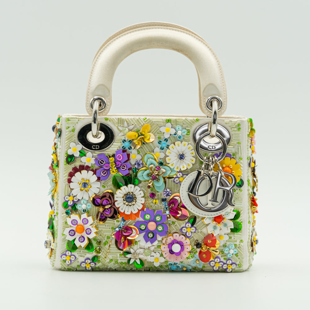 Lady Dior White & Multicolour Flower Embellished Mini Handbag