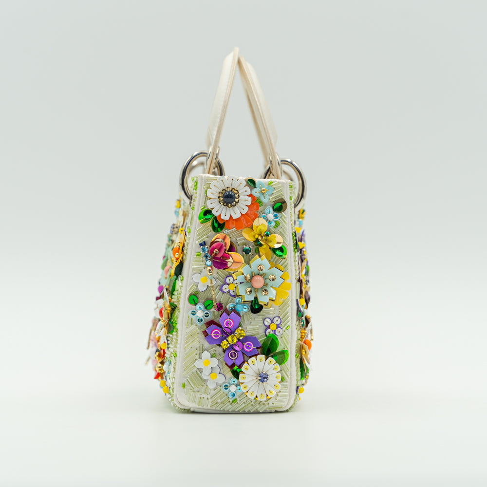 Lady Dior White & Multicolour Flower Embellished Mini Handbag