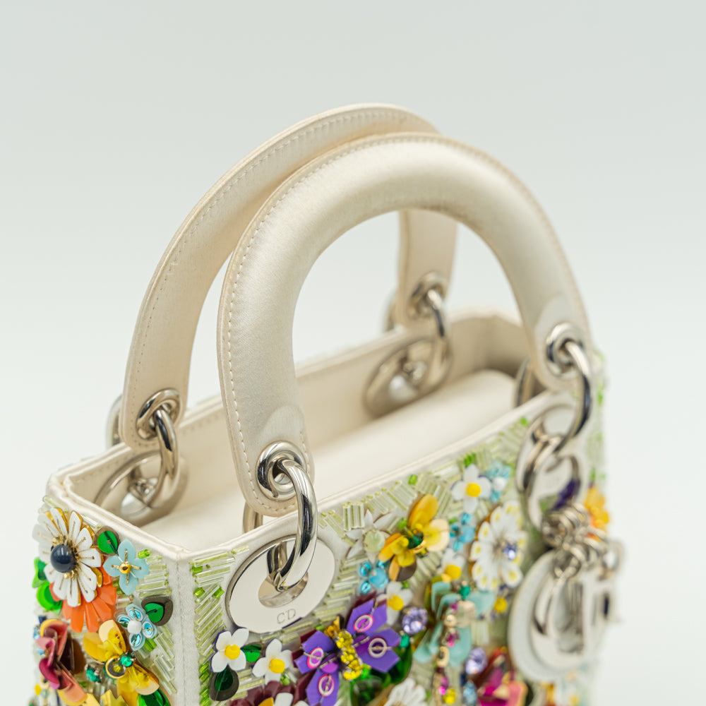 Lady Dior White & Multicolour Flower Embellished Mini Handbag
