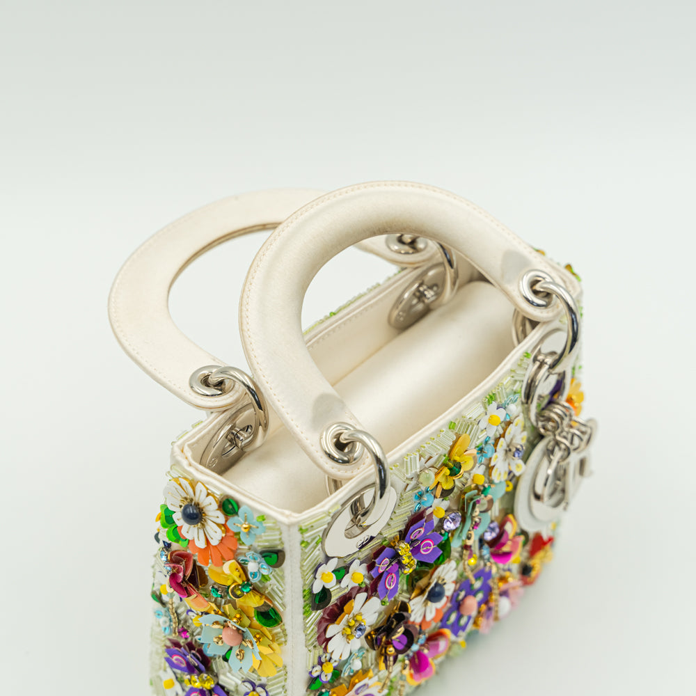 Lady Dior White & Multicolour Flower Embellished Mini Handbag
