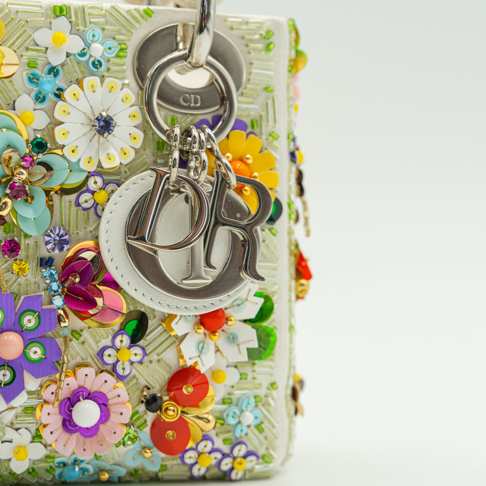 Lady Dior White & Multicolour Flower Embellished Mini Handbag