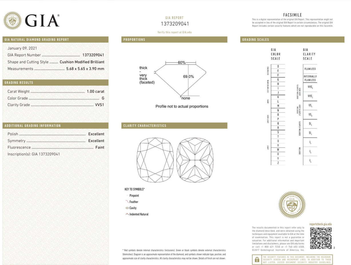 Diamante de claridad VVS1 de talla cojín de color G de 1 quilate