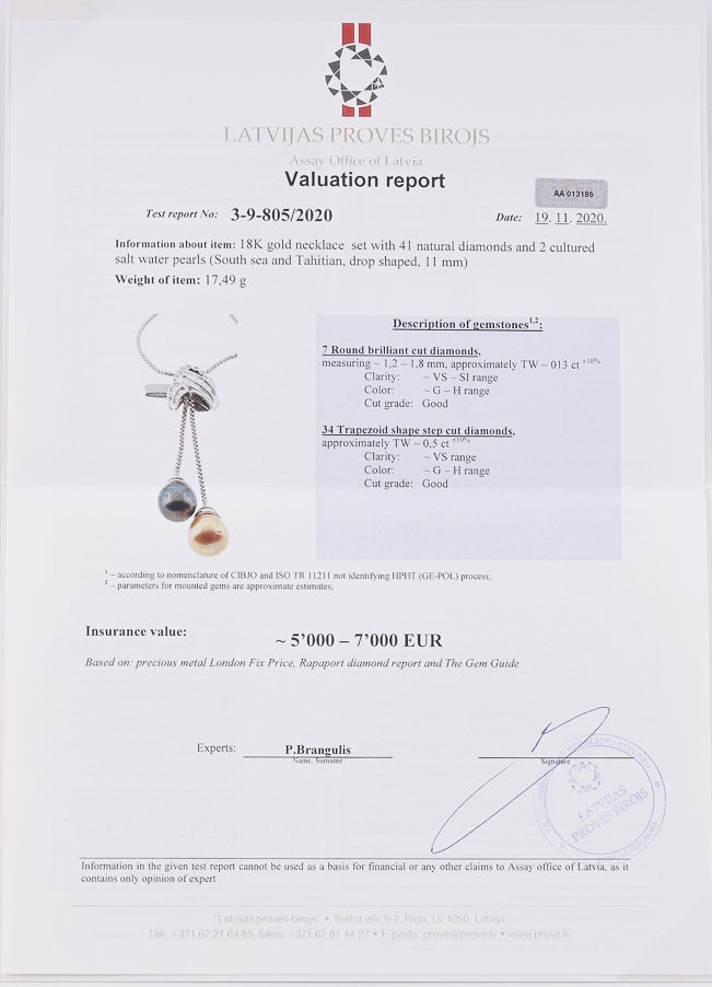 Collar negligé en oro blanco de 18k engastado con 0,13 CTW de diamantes y 2 perlas de agua salada