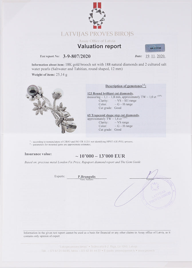 18k white gold brooch set with 2.60 ctw of natural diamonds and 2 saltwater pearls