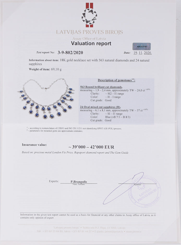 18k white gold drop necklace set with 24 ctw of natural diamonds & 37 ctw blue sapphires