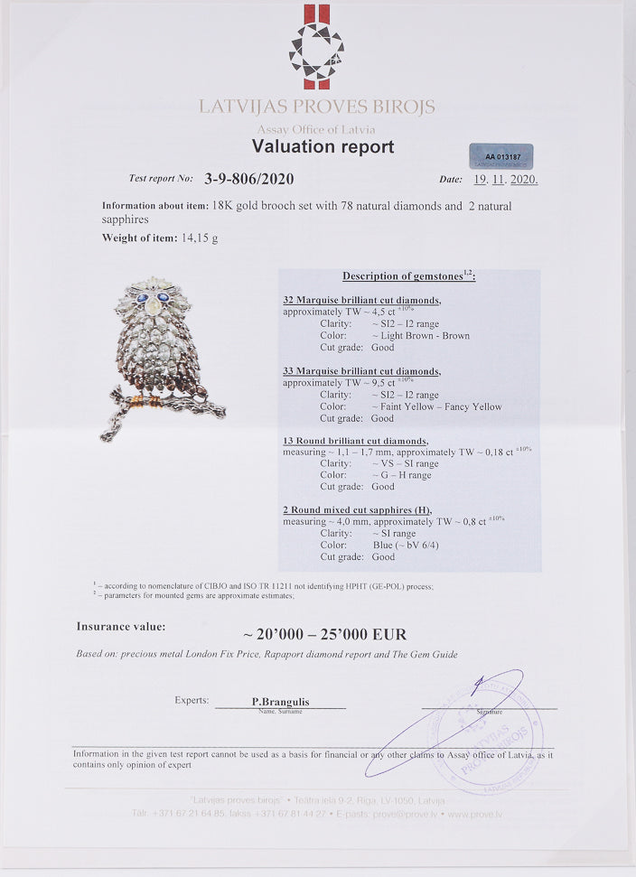 18k white gold brooch designed as an owl on a branch set with 14,18 CTW of diamonds and 2 blue sapphires