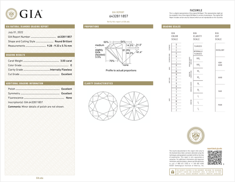 GIA certified IF clarity natural 3,00ct round brilliant cut loose diamond of E color