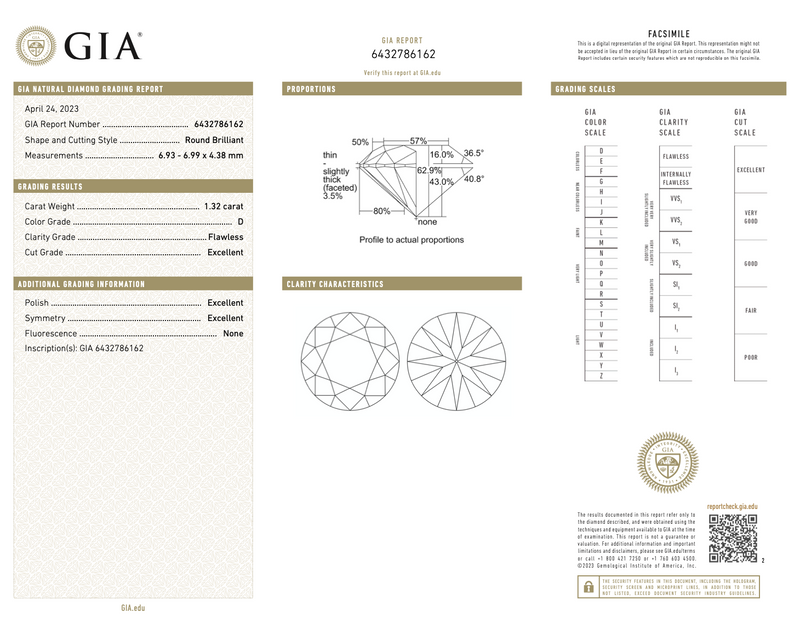 GIA 認證 FL 淨度天然 1.32 克拉圓形明亮式切割 D 色裸鑽