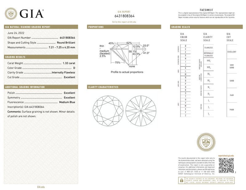 GIA certified IF clarity natural 1,32ct round brilliant cut loose diamond of D color