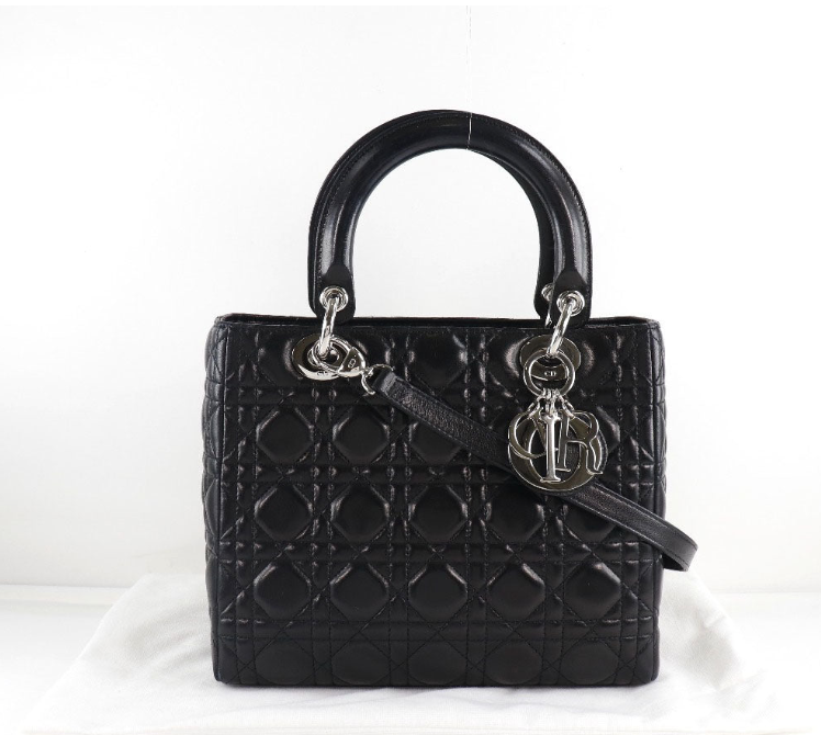 Lady Dior medium size black lambskin handbag with a long strap