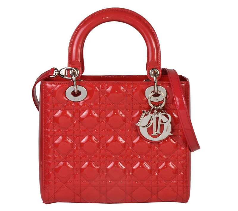 Lady Dior in Red Patent Cannage Calfskin with a shoulder strap