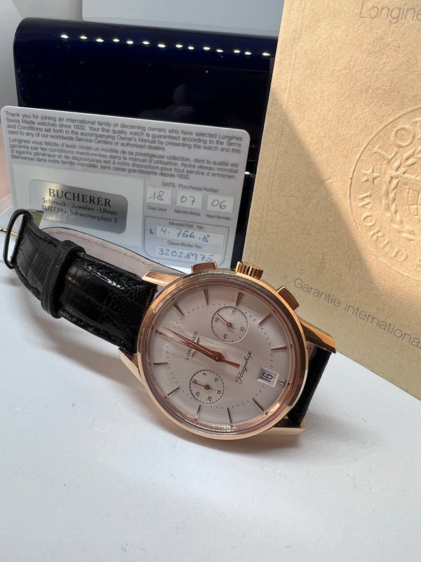 18k rose gold Longines Flagship wristwatch in Full set