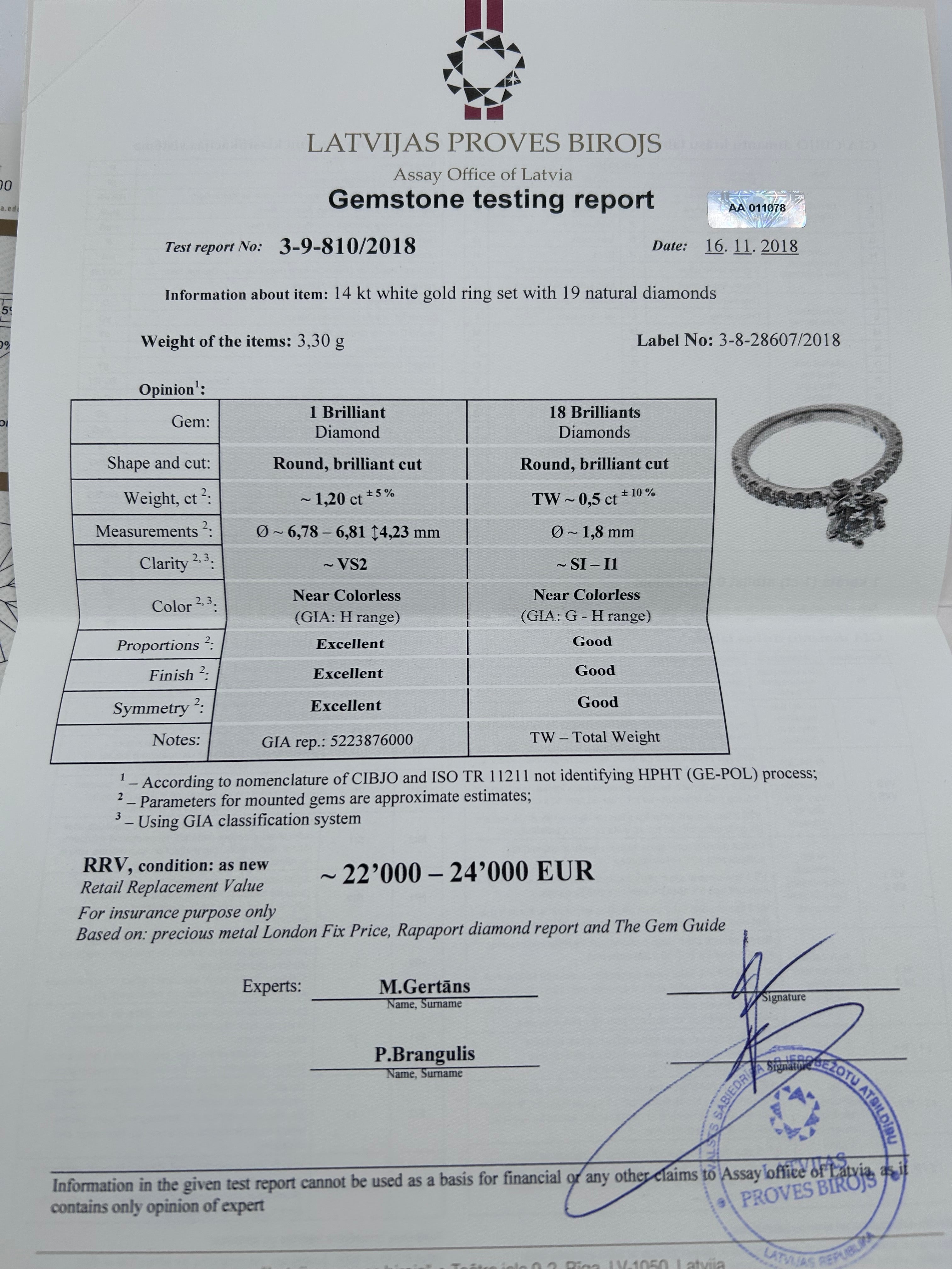 Pre-owned solitaire ring featuring a natural 1.20ct round brilliant diamond (VS2, H color)