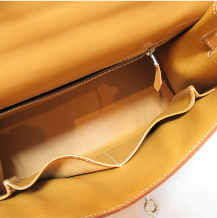 Hermés Kelly 32cm Gold Epsom Sellier handbag with shoulder strap, lock, keys, clochette, dust bag, and box