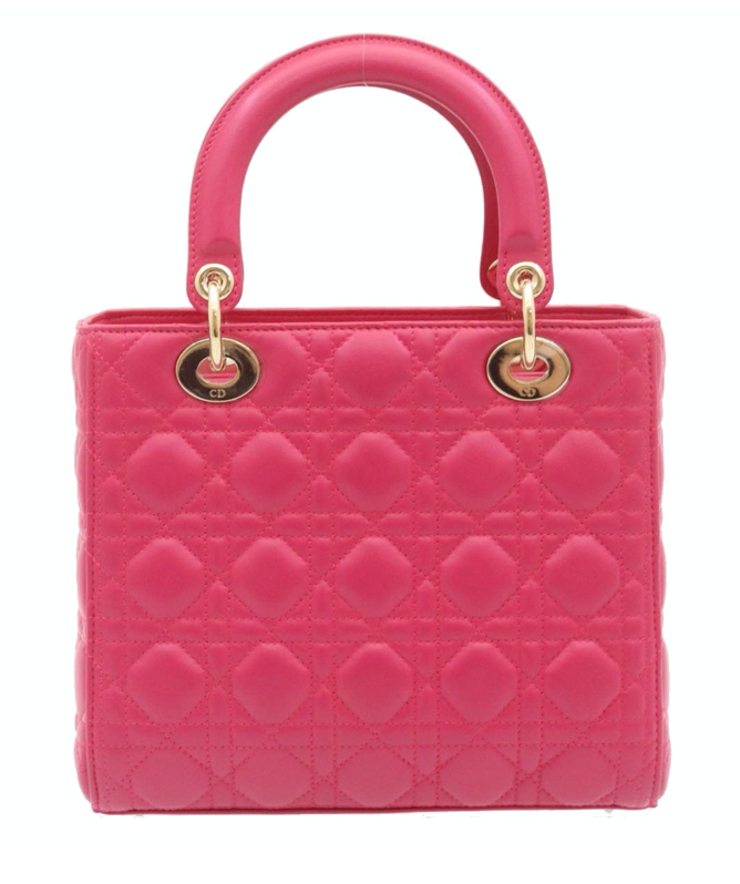 Lady Dior mini handbag in fuchsia lambskin leather with a long strap